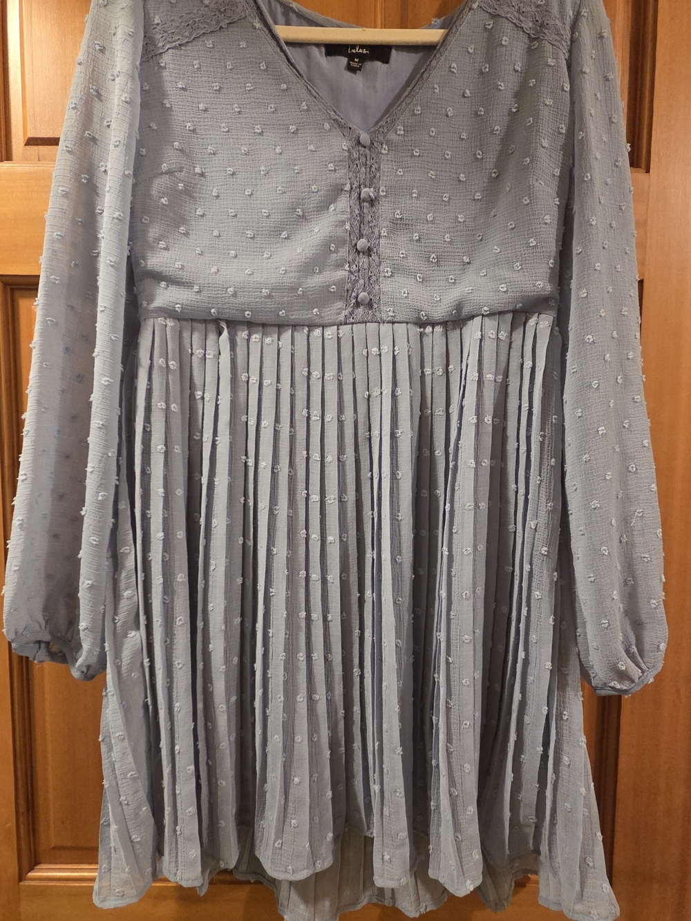 Lulu's Dusty Blue Swiss Dot Pleated Long-Sleeve Mini Dress Cottage Homecoming